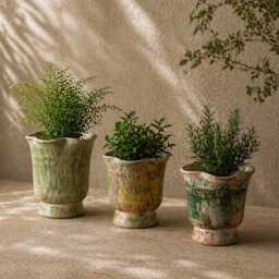 Rustic Ceramic Plant Pot, Distressed Planter, Petal Shaped Textured Sage Green Planter With Drainage, Country Style Home Decor Gift
