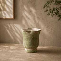 Rustic Ceramic Plant Pot, Distressed Planter, Petal Shaped Textured Sage Green Planter With Drainage, Country Style Home Decor Gift - thumbnail 2