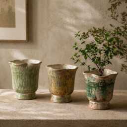 Rustic Ceramic Plant Pot, Distressed Planter, Petal Shaped Textured Sage Green Planter With Drainage, Country Style Home Decor Gift - thumbnail 4