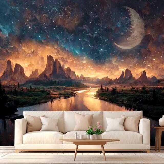 Night & Moon Backdrop Wall Mural For Living Room Magic Sky Decals Bedroom Wallpaper Customizable Removable - image 1