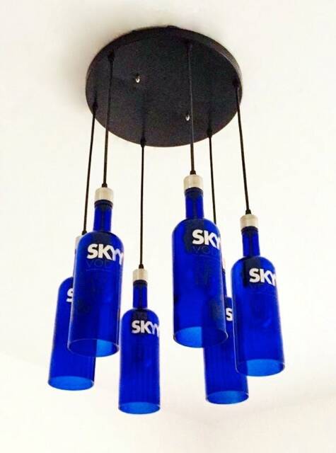 Bottle Chandelier Skyy Vodka Industrial Light Fixture - Chandelier Made From 6 Cobalt Blue Bottles - image 1