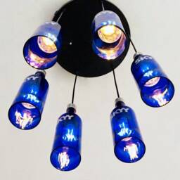 Bottle Chandelier Skyy Vodka Industrial Light Fixture - Chandelier Made From 6 Cobalt Blue Bottles - thumbnail 2