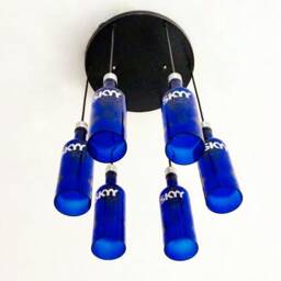 Bottle Chandelier Skyy Vodka Industrial Light Fixture - Chandelier Made From 6 Cobalt Blue Bottles - thumbnail 3
