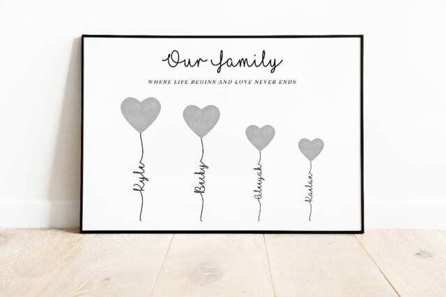 Personalised Family Balloon Wall Print - Custom Name -Home Decor Mother's Day Gift Father's New Home - image 1