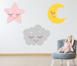 Moon, Star, Cloud Sleep Wall Stickers Pack Decal Art Pastel Grey Pink Yellow Nursery Girl's Bedroom