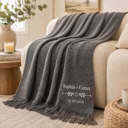 Personalized Embroidered Knitted Throw Blanket, Custom Couple Name Wedding Shower Gift, Newlywed & Anniversary Cozy Blanket - thumbnail 4