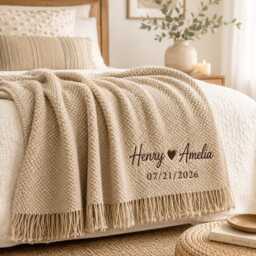 Personalized Embroidered Knitted Throw Blanket, Custom Couple Name Wedding Shower Gift, Newlywed & Anniversary Cozy Blanket - thumbnail 2