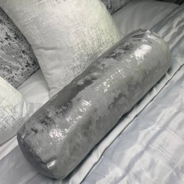 Luxurious Duck Feather Bolster Cushion Silver Grey Metallic Fabric, Handmade Cylinder Pillow 16x6 - Tessere Pewter Clarke And - image 1