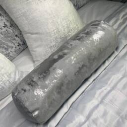 Luxurious Duck Feather Bolster Cushion Silver Grey Metallic Fabric, Handmade Cylinder Pillow 16x6 - Tessere Pewter Clarke And