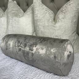 Luxurious Duck Feather Bolster Cushion Silver Grey Metallic Fabric, Handmade Cylinder Pillow 16x6 - Tessere Pewter Clarke And - thumbnail 2