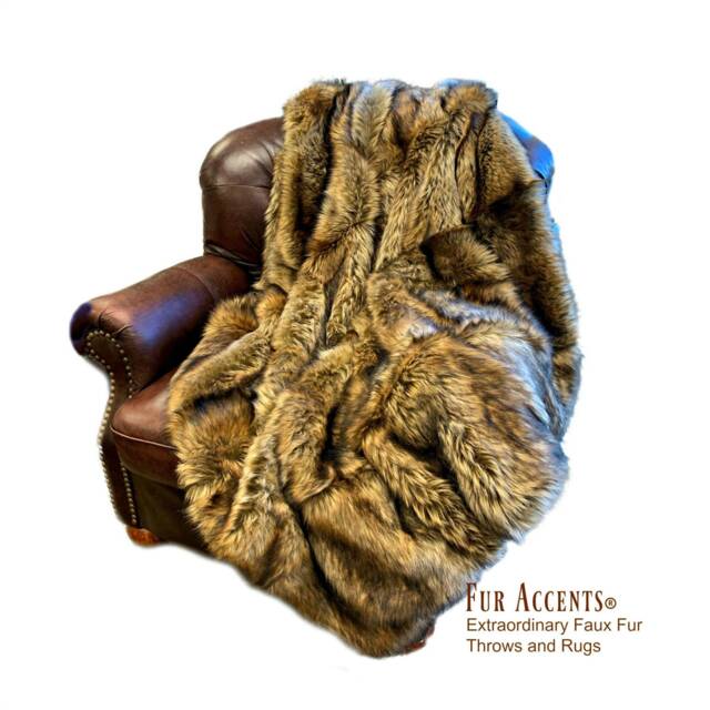 Luxury Faux Wolf Fur Throw Blanket - Golden Brown Minky Lining - image 1