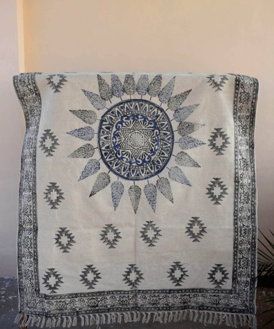 Large Block-Printed Cotton Dhurrie Rug, 5x8 Ft, Bohemian Decor - image 1