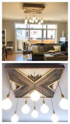 Wood Art Chandelier Custom Pendants Reclaimed Large Geometric Grey Brown White Brass Chandelier - Modern Led Globe Lights