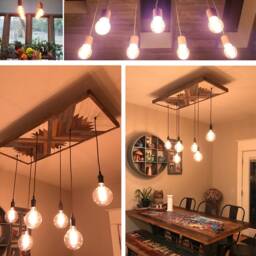 Wood Art Chandelier Custom Pendants Reclaimed Large Geometric Grey Brown White Brass Chandelier - Modern Led Globe Lights - thumbnail 2