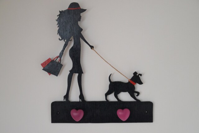 Wooden Coat Rack/Interior Decoration Woman With Her Dog Red Heart Hooks Exhausted - image 1
