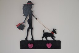 Wooden Coat Rack/Interior Decoration Woman With Her Dog Red Heart Hooks Exhausted