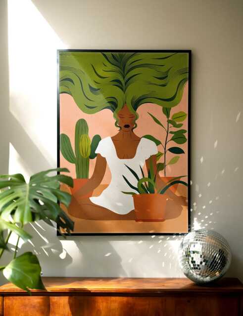 Meditation Woman Art Print, Botanical Illustration, Calm Wall - image 1