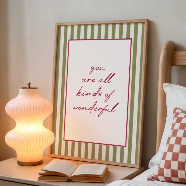 You Are All Kinds Of Beautiful, Green & Red Stripes Wall Decor, Self Love Poster Quote, Motivational Print, Minimalist Bedroom - image 1