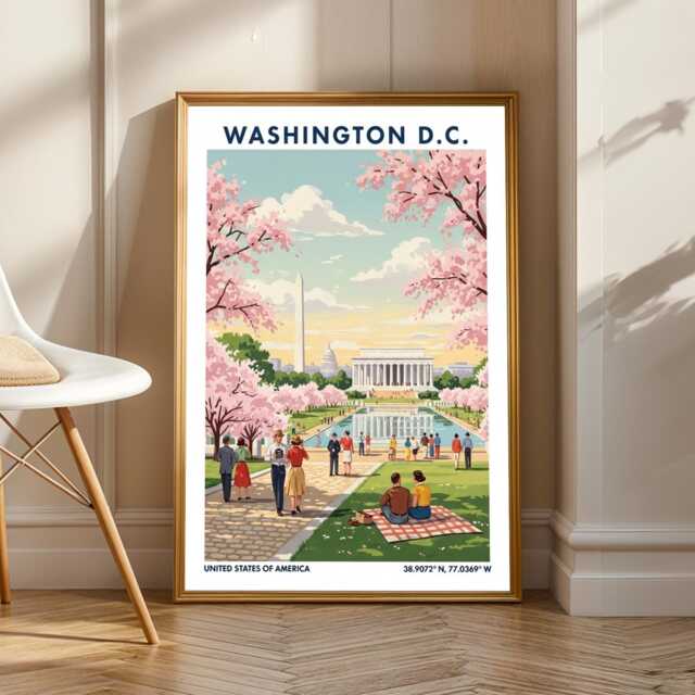 Washington D.c. Vintage Travel Poster Cherry Blossoms & Lincoln Memorial - image 1
