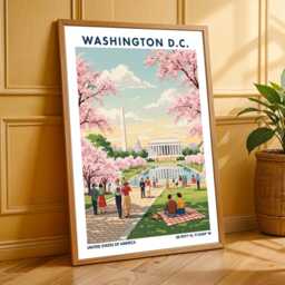 Washington D.c. Vintage Travel Poster Cherry Blossoms & Lincoln Memorial - thumbnail 3