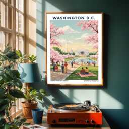 Washington D.c. Vintage Travel Poster Cherry Blossoms & Lincoln Memorial - thumbnail 2