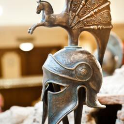 Greek Corinthian Helmet Bronze Powder Sculpture, Ancient Armor Replica - thumbnail 3