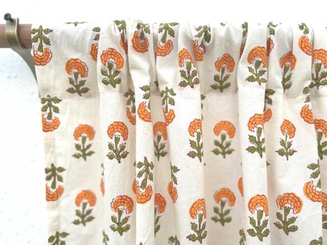 Orange Marigold Hand Block Printed Organic Cotton Curtain Panels, Rod Pocket Drapes, 2 Panels - image 1