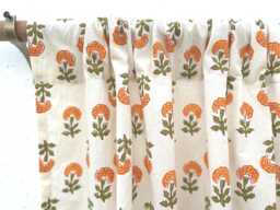 Orange Marigold Hand Block Printed Organic Cotton Curtain Panels, Rod Pocket Drapes, 2 Panels - thumbnail 1