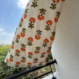 Orange Marigold Hand Block Printed Organic Cotton Curtain Panels, Rod Pocket Drapes, 2 Panels - thumbnail 3