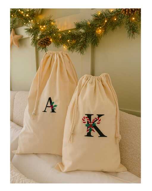 Custom Christmas Stocking With Embroidered Initial - Drawstring Sack Personalised Gift Holly Or Candy Cane - image 1