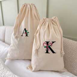 Custom Christmas Stocking With Embroidered Initial - Drawstring Sack Personalised Gift Holly Or Candy Cane - thumbnail 3