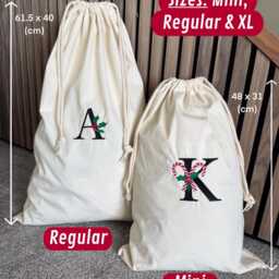 Custom Christmas Stocking With Embroidered Initial - Drawstring Sack Personalised Gift Holly Or Candy Cane - thumbnail 2