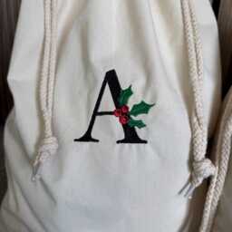 Custom Christmas Stocking With Embroidered Initial - Drawstring Sack Personalised Gift Holly Or Candy Cane - thumbnail 4