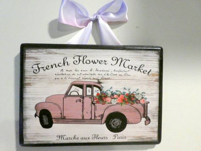 French Flower Market Sign, Wood Wall Plaque With Pink Truck, Country Decor - image 1