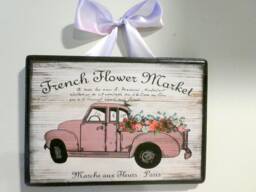 French Flower Market Sign, Wood Wall Plaque With Pink Truck, Country Decor - thumbnail 1