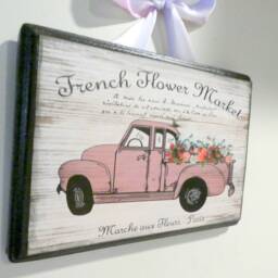 French Flower Market Sign, Wood Wall Plaque With Pink Truck, Country Decor - thumbnail 3