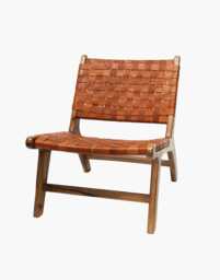New Special Price Caramel Brown Luxury Leather & Walnut Wood Woven Lounge Chair, Accent Handmade Armchair, Woven Leather - thumbnail 1