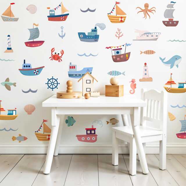 Nursery Marine Boots & Ocean Animals Wall Decal, Boy's Room Watercolor Sea Life Decor, Peel Stick, Kids Art - image 1