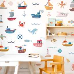 Nursery Marine Boots & Ocean Animals Wall Decal, Boy's Room Watercolor Sea Life Decor, Peel Stick, Kids Art - thumbnail 2