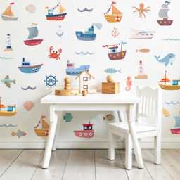 Nursery Marine Boots & Ocean Animals Wall Decal, Boy's Room Watercolor Sea Life Decor, Peel Stick, Kids Art - thumbnail 1