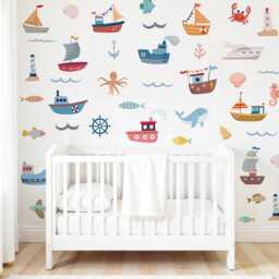 Nursery Marine Boots & Ocean Animals Wall Decal, Boy's Room Watercolor Sea Life Decor, Peel Stick, Kids Art - thumbnail 3