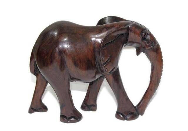 "Smooth Ebony Wood Elephant Figurines. Walking Medium Sized 17cm X 13cm/7""X5" - image 1