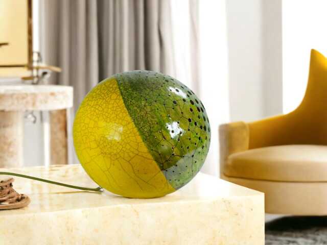 Spherical Table Light in Raku Ceramic, Yellow & Green, To Create An Elegant Harmonious Atmosphere Your Home. Handcrafted. L118 - image 1