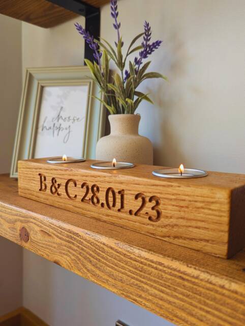 Engraved Oak Tea Light Holder - Personalized Candle Centerpiece Valentines Day - image 1