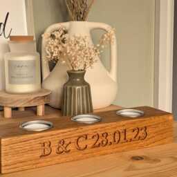 Engraved Oak Tea Light Holder - Personalized Candle Centerpiece Valentines Day - thumbnail 3