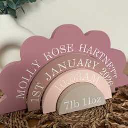 Personalised Engraved Flower Wooden Birth Detail Stackable Rainbow. New Baby Keepsake Gift - thumbnail 3