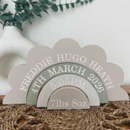 Personalised Engraved Flower Wooden Birth Detail Stackable Rainbow. New Baby Keepsake Gift - thumbnail 1