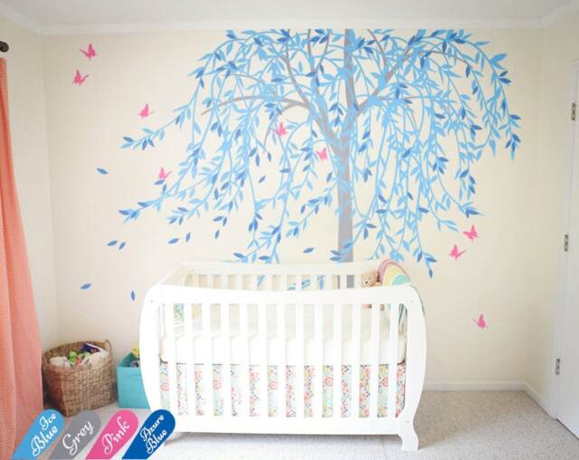 Large Willow Tree Wall Decal With Butterflies For Nursery, Removable Mural Or Tattoo - image 1
