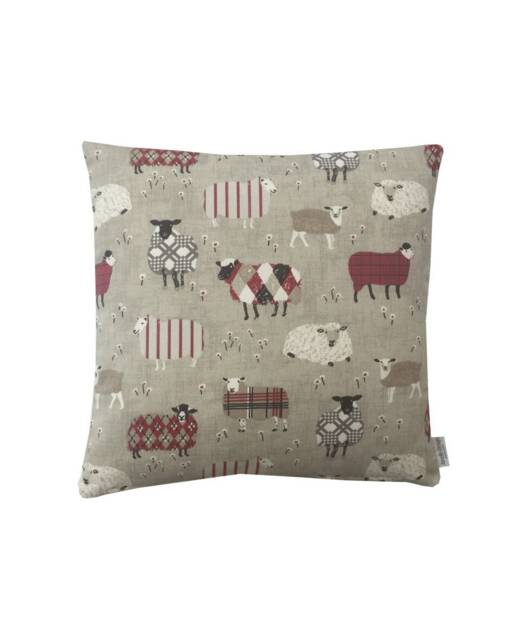 Handmade Double Sided Sheep Pillow Cover Red & Cream Lambs On Beige Linen - image 1