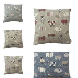 Handmade Double Sided Sheep Pillow Cover Red & Cream Lambs On Beige Linen - thumbnail 2